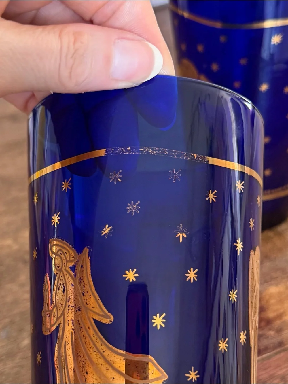 MCM Glassware: Vintage Culver Cobalt Blue and 22K Gold Angel Tumblers